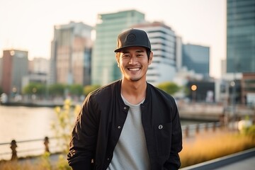 Portrait of a handsome young asian man wearing baseball cap outdoors