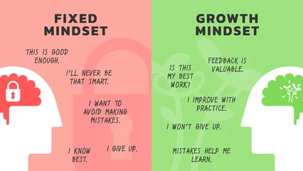 Muurstickers Illustration of The Difference Between a Fixed vs Growth Mindset for web banner or slide presentation. Positive and Negative thinking mindset concept vector. Big head human with brain inside.  © thailerderden10