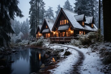 Fototapeta na wymiar Rustic wooden cabin in a snowy forest cozy winter
