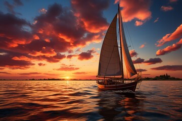 Yacht in the sea at sunset - obrazy, fototapety, plakaty