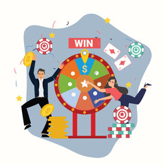 Fortune wheel with people. Man and woman spinning roulette wheel. Risk game and casino lottery vector concept. Illustration of winner people woman and man in casino , Win the contest