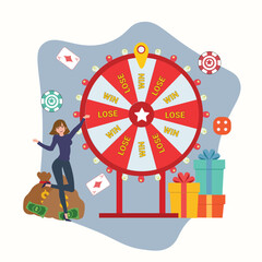 Fortune wheel with young girl , woman spinning roulette wheel. Risk game and casino lottery vector concept. Illustration of winner people , woman in casino , Win the contest