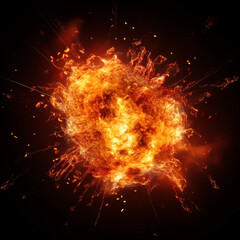 Fiery bomb explosion with sparks isolated on black background, ai technology