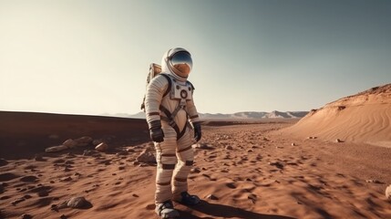 Astronaut in a spacesuit standing on Mars, Earth visible on the horizon, the vastness of space and the isolation of space travel, Photography, high-resolution - obrazy, fototapety, plakaty
