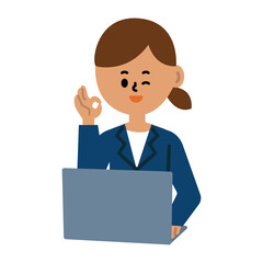 ビジネス　コンピュータ　ノートパソコン　女性　スーツ　OK 了解　ウインク　仕事　イラスト