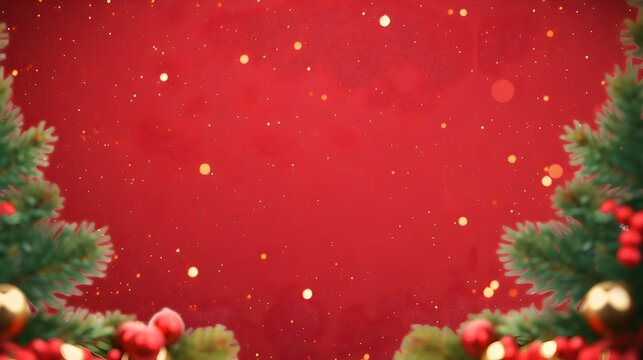 Christmas background with xmas tree and sparkle bokeh lights on red canvas background. Merry christmas card. Winter holiday theme. Happy New Year. Space for text, top view