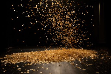 Falling golden confetti on a stage, shimmering golden confetti gently descending, catching the stage lights, grandeur and celebration Photography