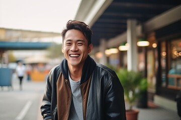 Portrait of a handsome young asian man laughing in the city