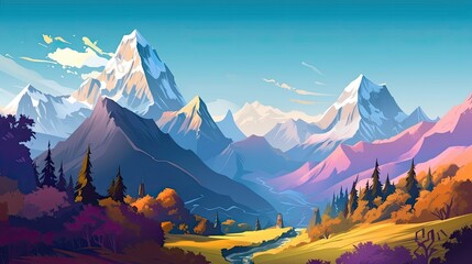 Himalaya Mountains clean vector lines, creating a vibrant and dynamic landscape, Vector Art Illustrator with smooth gradients - obrazy, fototapety, plakaty