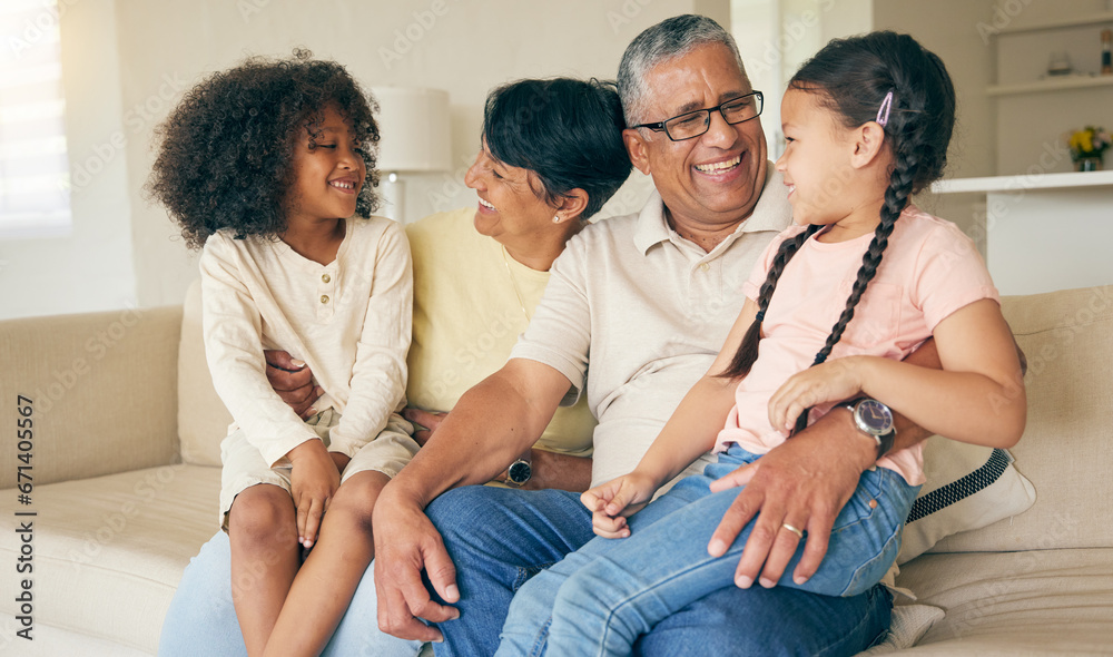 Poster Grandparents, children and smile on sofa in home for love, care and quality time together. Grandmother, grandfather and happy young kids relax on couch for bond, support and fun in family living room