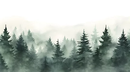 Photo sur Plexiglas Kaki Watercolor green landscape of foggy forest hill. Evergreen coniferous trees. Wild nature, frozen, misty, taiga. Horizontal watercolor background.Hand painted watercolor illustration of misty forest