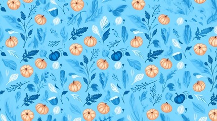 Seamless pattern with pumpkins, leaves, and berries on a blue background