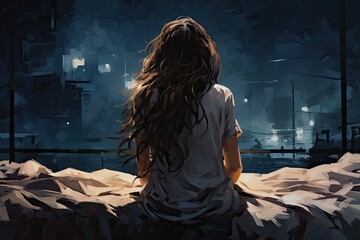 Fototapeta premium Illustration of a Sick Girl Sitting in Bed