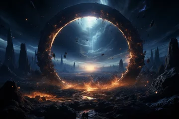 Selbstklebende Fototapete Universum Sci-fi spaceship traveling through a wormhole cosmic