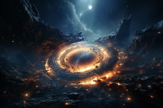 Magical Fire portal in the shape of a circle in Mystical dark forest. Magic lights. Fantasy gate.