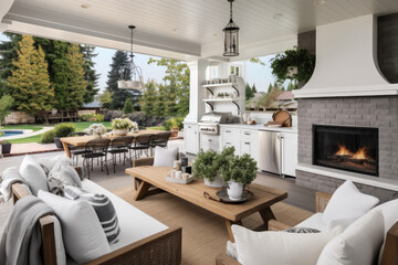 Open plan living room with white kitchen. Cozy patio with a fireplace