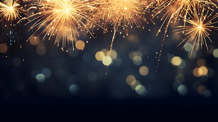 Obraz premium Gold and dark blue Fireworks and bokeh in New Year eve and copy space. Abstract background holiday