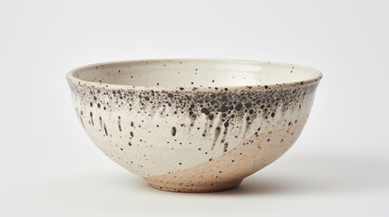 A stoneware bowl with speckled patterns, showcasing its artisanal character, set artistically on a neutral white surface. - Powered by Adobe