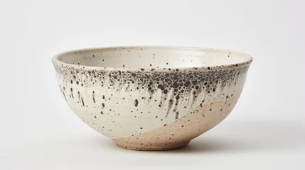 Foto op Plexiglas A stoneware bowl with speckled patterns, showcasing its artisanal character, set artistically on a neutral white surface. © Ahmad