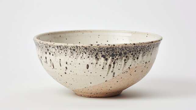 A stoneware bowl with speckled patterns, showcasing its artisanal character, set artistically on a neutral white surface.