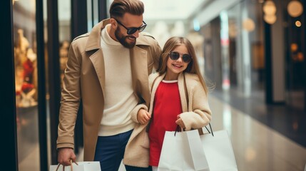 Beautiful parents and their little daughters are holding shopping bags and smiling while shopping at the mall. shopping concept
