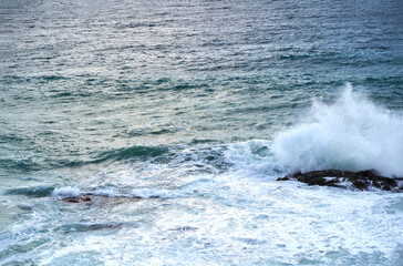 Sea. Beautiful waves. vertiginous, swirling foamy water waves at the Mediterranean sea.