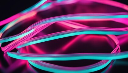 Neon light installation with pink and blue colors. The lights are arranged in a circular pattern and create a futuristic and abstract mood.