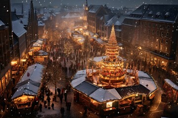 a birds-eye view of a bustling European Christmas market, sparkling lights, and colorful stalls