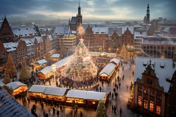 a birds-eye view of a bustling European Christmas market, sparkling lights, and colorful stalls