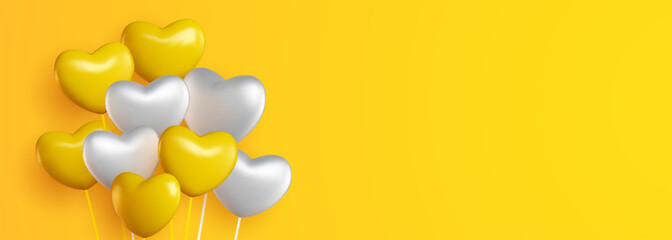 Welcome design in national shiny yellow and white colors with realistic flying heart shaped helium balloons. Celebration background, festival, welcome banner, card and poster.