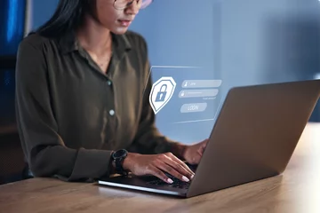 Fotobehang Woman, laptop and security for username, password or encryption on office desk at workplace. Hands of female person or employee with Lock Screen hud for login access, verification or identification © Chanelle Malambo/peopleimages.com