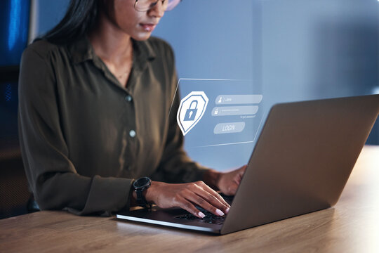 Woman, Laptop And Security For Username, Password Or Encryption On Office Desk At Workplace. Hands Of Female Person Or Employee With Lock Screen Hud For Login Access, Verification Or Identification