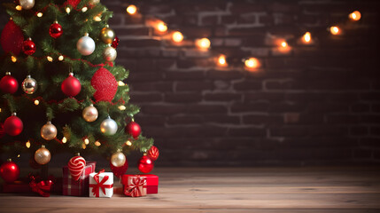 Christmas Tree with Decorations, Decorated Christmas tree on blurred background.