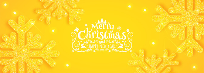 Christmas poster with shiny yellow snowflakes on a yellow background. Vector illustration.