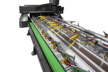 CNC machine with a metal panel clamped on the bed ready to be cut. Isolated on a white background