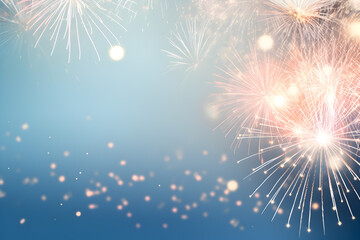 Naklejka premium Fireworks colorful explosions on blue, festive background with copy space. New Years Eve or Independence Day. Shallow depth of field.