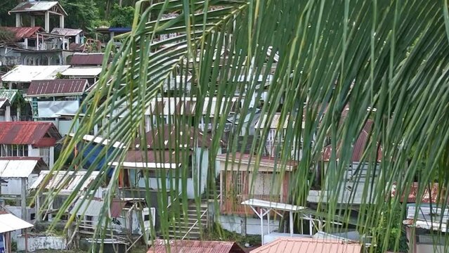 Bacuag Catholic Cemetery in Surigao Del Norte, Philippines aerial shot reveal from palm tree