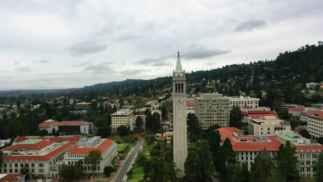 Aerial view around the Campanile (Sather Tower) of the University of California in cloudy Berkeley, USA