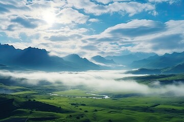 Iceland landscape with mountains and white clouds. Generative AI Art. Beautiful morning view with volcanic mountains and green meadows. Drone aerial view.