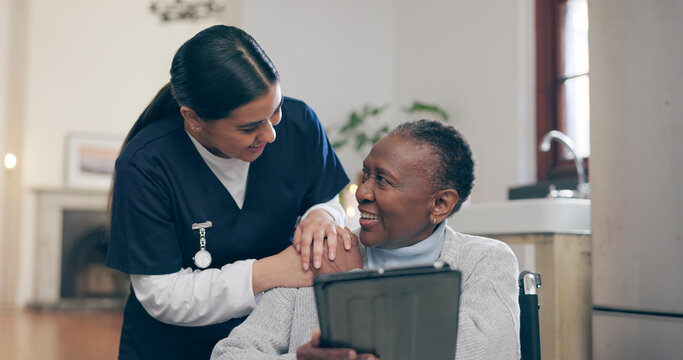 Tablet, consultation and nurse with patient for research on medical diagnosis in nursing home. Discussion, digital technology and female caregiver talk to senior black woman in rehabilitation clinic.
