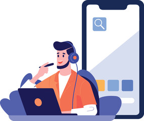 Hand Drawn Call center characters with smartphones in the concept of online support in flat style