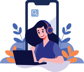 Hand Drawn Call center characters with smartphones in the concept of online support in flat style