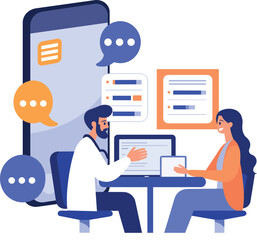 Hand Drawn Doctor and patient characters with smartphone in online medicine concept in flat style