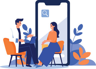 Hand Drawn Doctor and patient characters with smartphone in online medicine concept in flat style