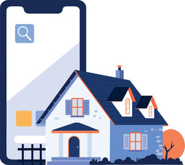 Hand Drawn House or shop with a smartphone in the concept of real estate online in flat style