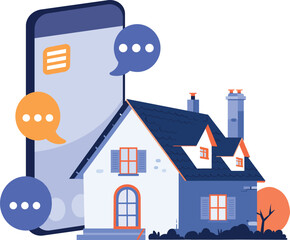 Hand Drawn House or shop with a smartphone in the concept of real estate online in flat style