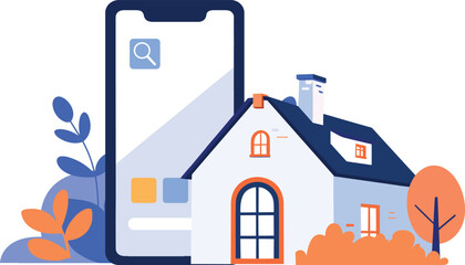 Hand Drawn House or shop with a smartphone in the concept of real estate online in flat style - obrazy, fototapety, plakaty