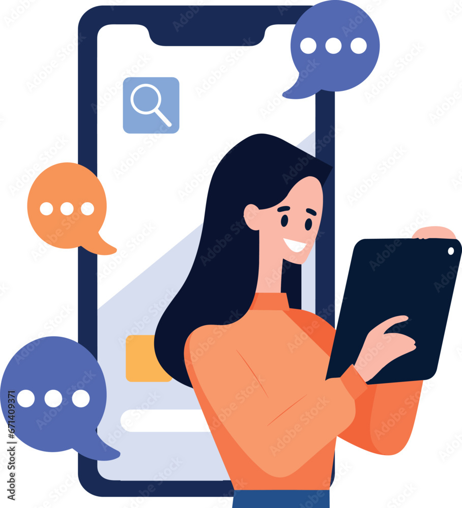 Wall mural Hand Drawn Female character talking with smartphone in online communication concept in flat style