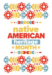 Native American Heritage Month. American Indian culture. Celebrate annual in in November in United States. Tradition Indian pattern. Poster and banner. Vector authentic ornament, ethnic illustration