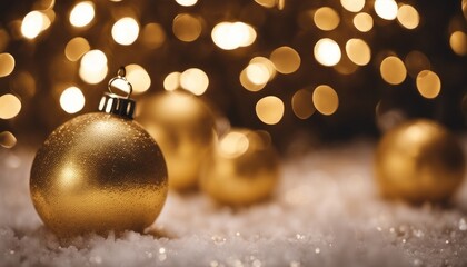 Gold Christmas ornaments on a bed of snow with a bokeh background of Christmas lights. The ornaments are round and shiny, reflecting the light around them.
